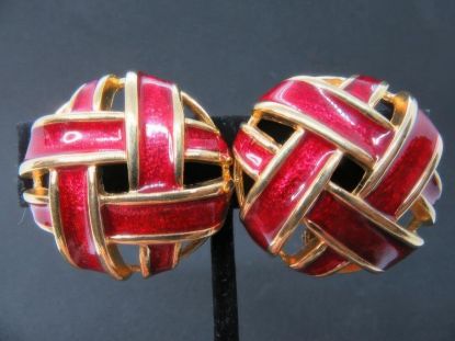 Picture of Red Enamel Basket Weave Clip On Earrings
