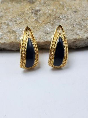 Picture of Navy Gold Tone Clip On Teardrop Earrings