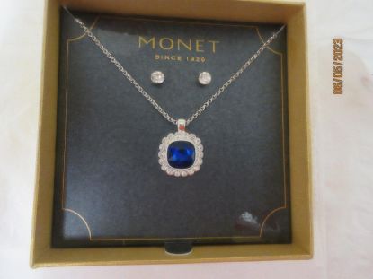 Picture of Vintage Silver Tone Monet Blue Rhinestone Necklace Earrings