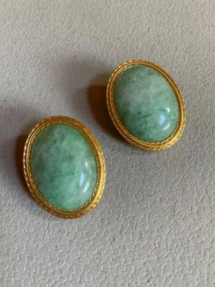 Picture of Vintage Clip On Earrings Green Jadeite Stone