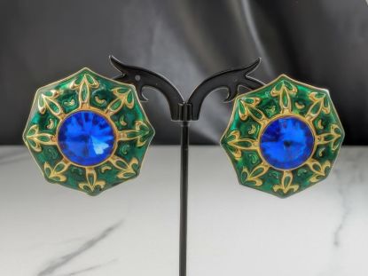 Picture of Vintage Gold Tone Green Blue Enamel Earrings