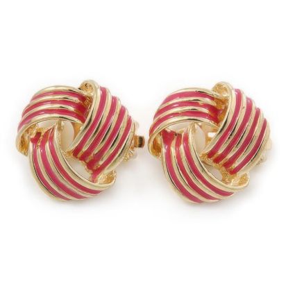 Picture of Gold Tone Pink Enamel Knot Clip Earrings