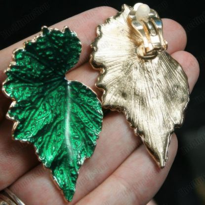Picture of Retro Green Enamel Earrings Vintage Leaf Clips