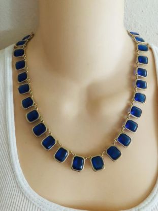 Picture of Vintage Cobalt Blue Square Glass Necklace Gold