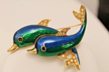 Picture of Vintage Goldtone Enamel Rhinestone Dolphin Brooch