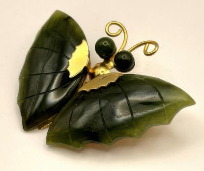 Picture of Vintage Jade Butterfly Brooch Green Gold Toned