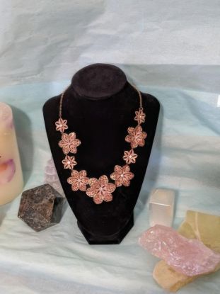 Picture of Vintage Pink Gold Tone Flower Statement Necklace Rhinestone