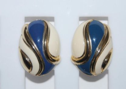 Picture of Bold Blue White Enamel Gold Clip Earrings
