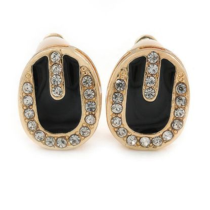 Picture of Gold Plated Oval Black Enamel Clip Earrings